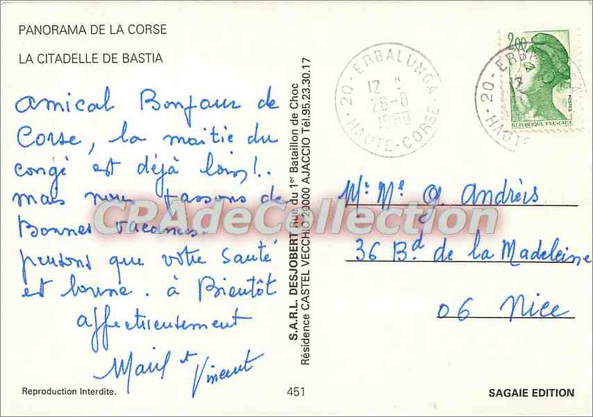 La Citadelle de Bastia — Panorama de la Corse — SAGAIE EDITION — Verso