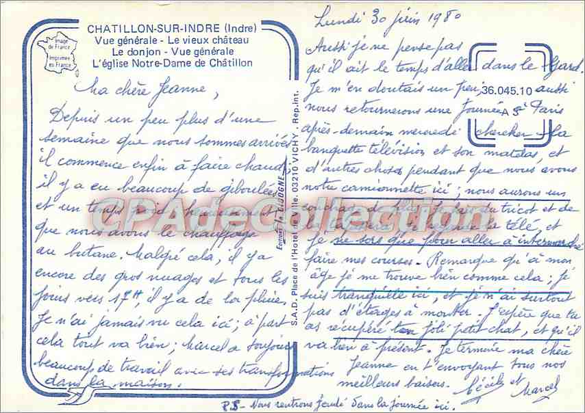 Châtillon-sur-Indre — general view, castle, church — Publisher: Imprimerie de France — Back