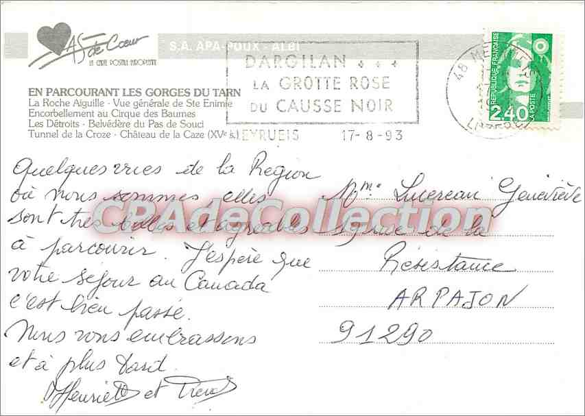 Gorges du Tarn — paysage et château — S.A. APA-POUX - ALBI — Rückseite
