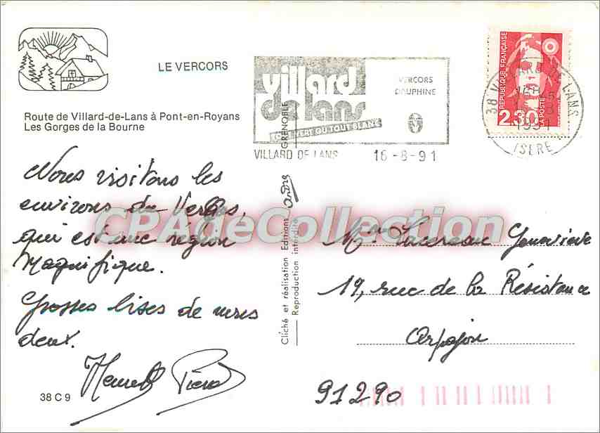 Die Gorges de la Bourne — Straße von Villard-de-Lans nach Pont-en-Royans — Verleger Villard de Lans, Nr. 38 C 9 — Rückseite