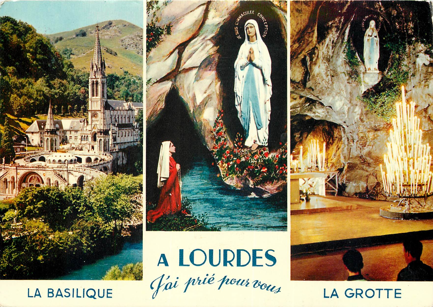Lourdes — La Basilique, Notre-Dame de Lourdes, La Grotte — Éditeur A. Doucet