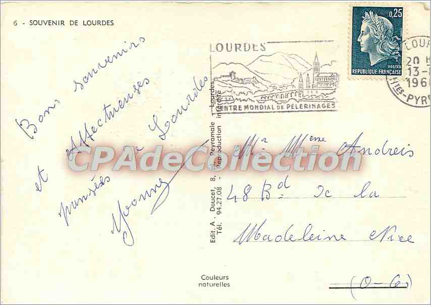 Lourdes — La Basilique, Notre-Dame de Lourdes, La Grotte — Éditeur A. Doucet — Rückseite