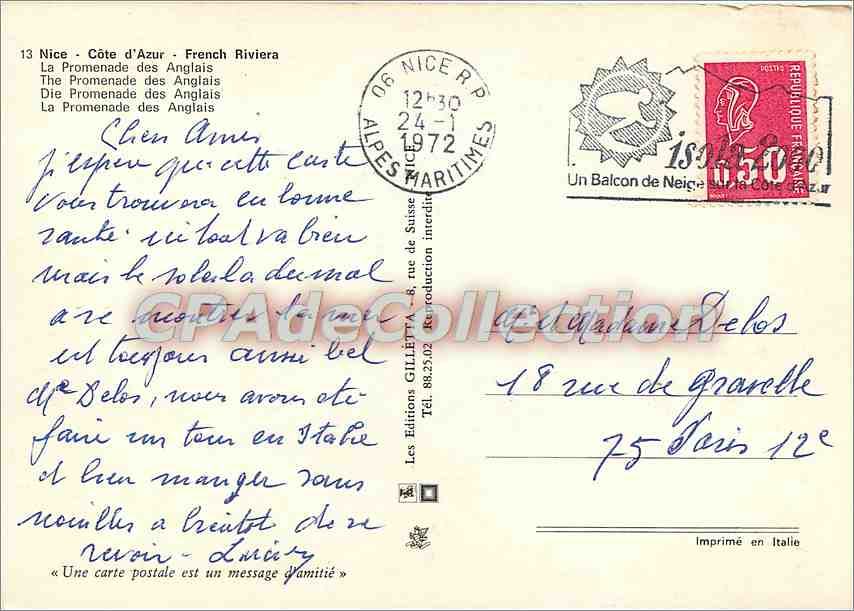 CPSM Nice Cote d'Azur French Riviera La Promenade des Anglais — Rückseite