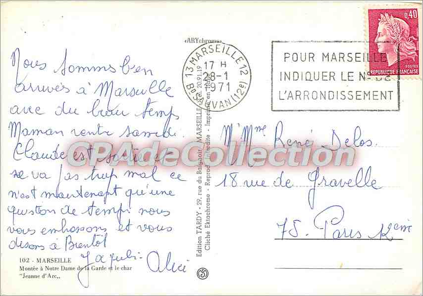 CPSM Marseille Montee a N D de la Garde et le char Jeanne d'Arc — Rückseite