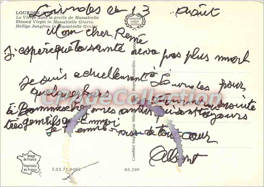 Notre-Dame de Massabielle — statue dans la grotte — Imprimerie Combier — Verso