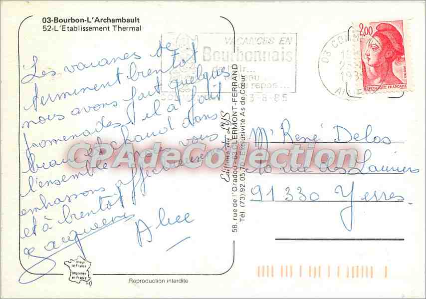 CPSM Bourbon l'Archambault l'Etablissement Thermal — Verso