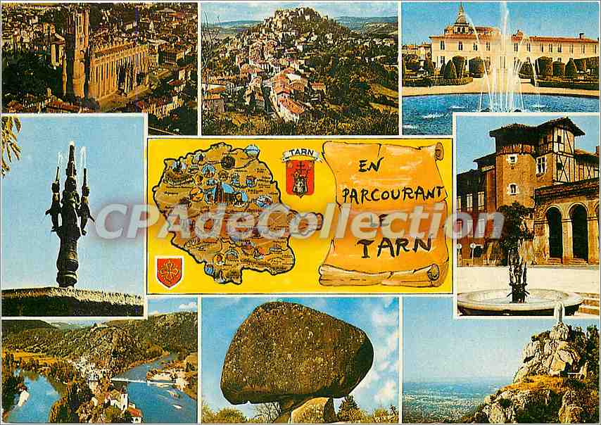 Wandering through the Tarn — collectible postcard with collage of locations and department map — Société des Cartes Postales d'Albi