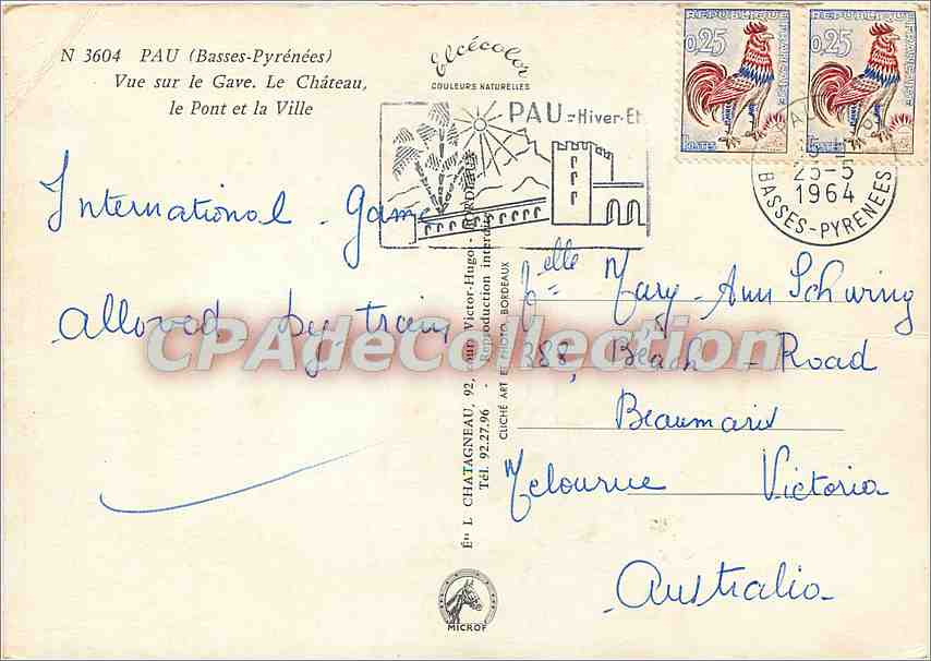 Pau — Vue sur le Gave, le Château et la Ville — Éditeur Elcée, N° 3604 — Verso