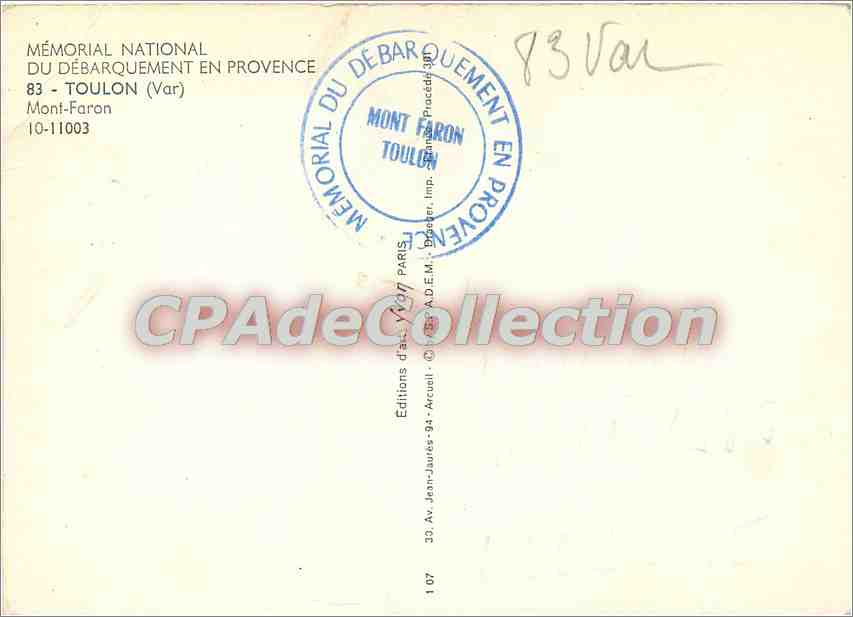 CPSM Toulon (Var) Mont Faron — Verso