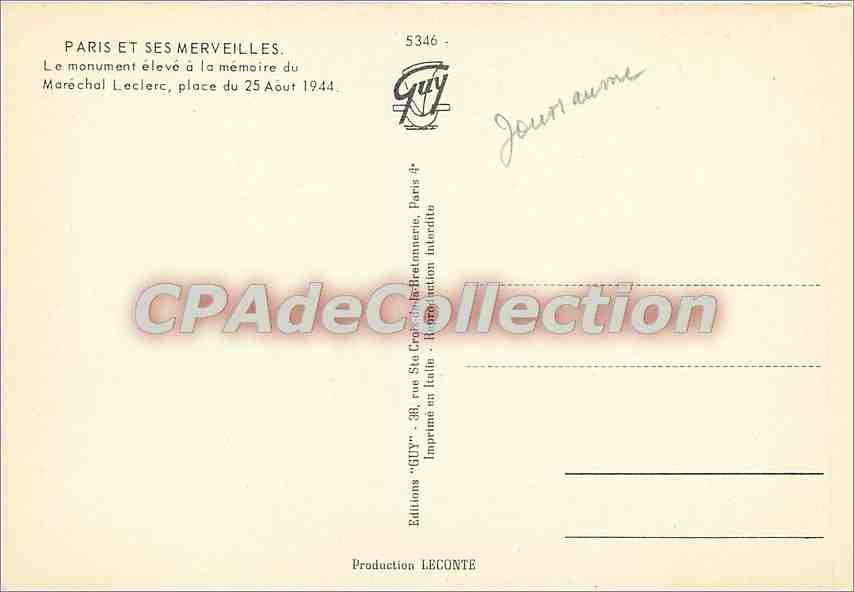 CPSM Paris et ses merveilles le monument eleve a la memoire du Marechal Leclerc — Verso