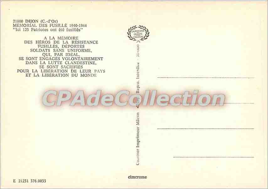 CPSM Dijon (C d'Or) Memorial des Fusille 1940 1944 — Rückseite