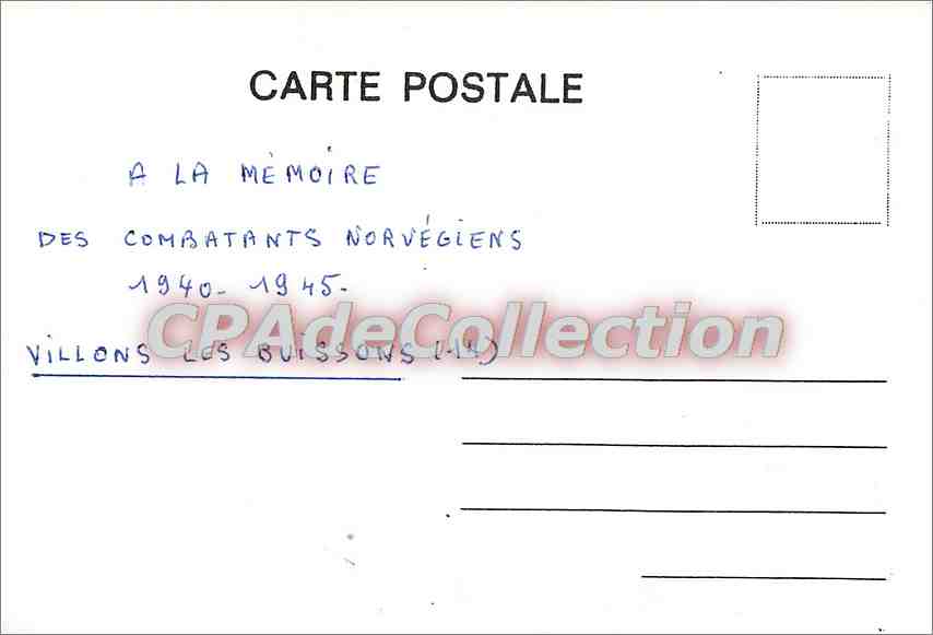 CPSM VILLONS les BUISSONS à la memoire des combatants Norvegiens 1940 1945 — Rückseite