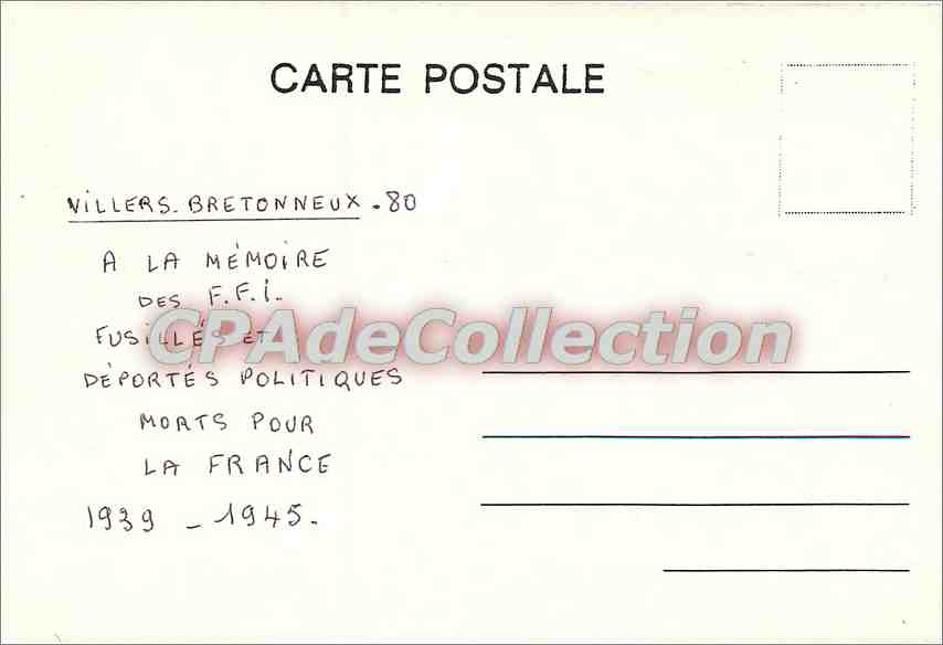 CPSM Villers Bretonneux a la memoire des F F I — Rückseite