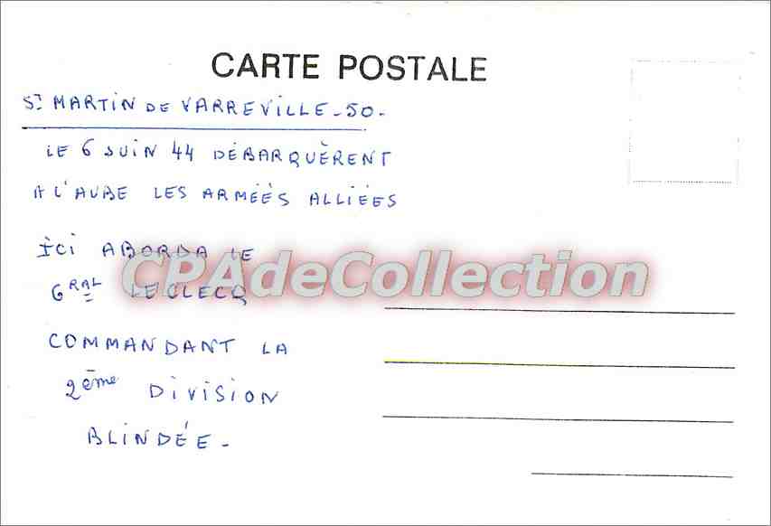 Saint-Martin-de-Varreville — Débarquement des Alliés le 6 juin 1944 — Carte postale manuscrite — Verso
