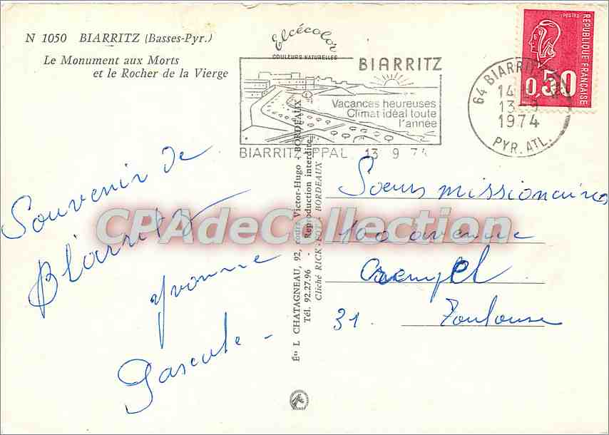 CPSM Biarritz (Basses Pyr) Le Monument aux Morts et le rocher de la Vierge — Verso