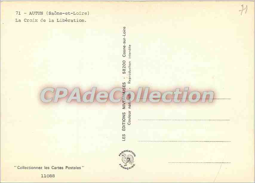 Autun (Saône-et-Loire) — La Croix de la Libération — Éditions Nivernaises — Verso