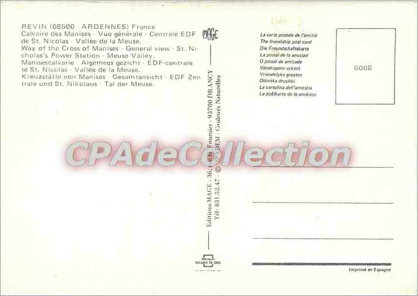 Revin — vue générale avec calvaire et centrale EDF — Éditions MACE, Drancy — Verso