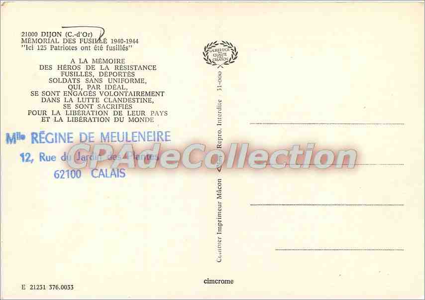 Mémorial des Fusillés 1940-1944 — Dijon (C.-d'Or) — éditeur Cimcrome — Verso