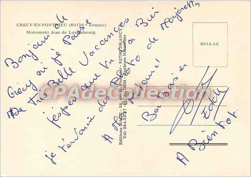 CPSM Crecy en Pontlieu (Somme) Monument Jean de Luxembourg — Back