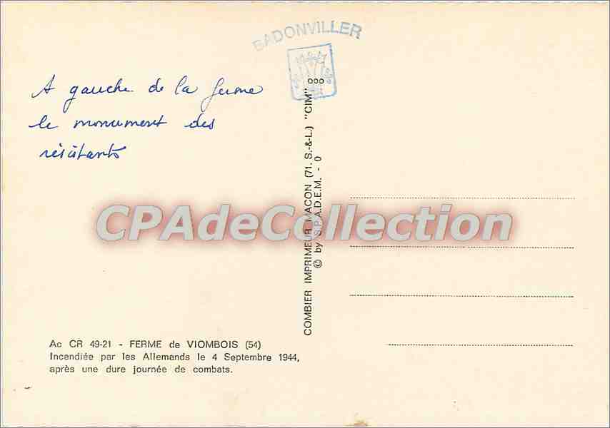 CPSM Ferme de Viombois Encenfiee par les Allemands le 4 sept 1944 — Rückseite
