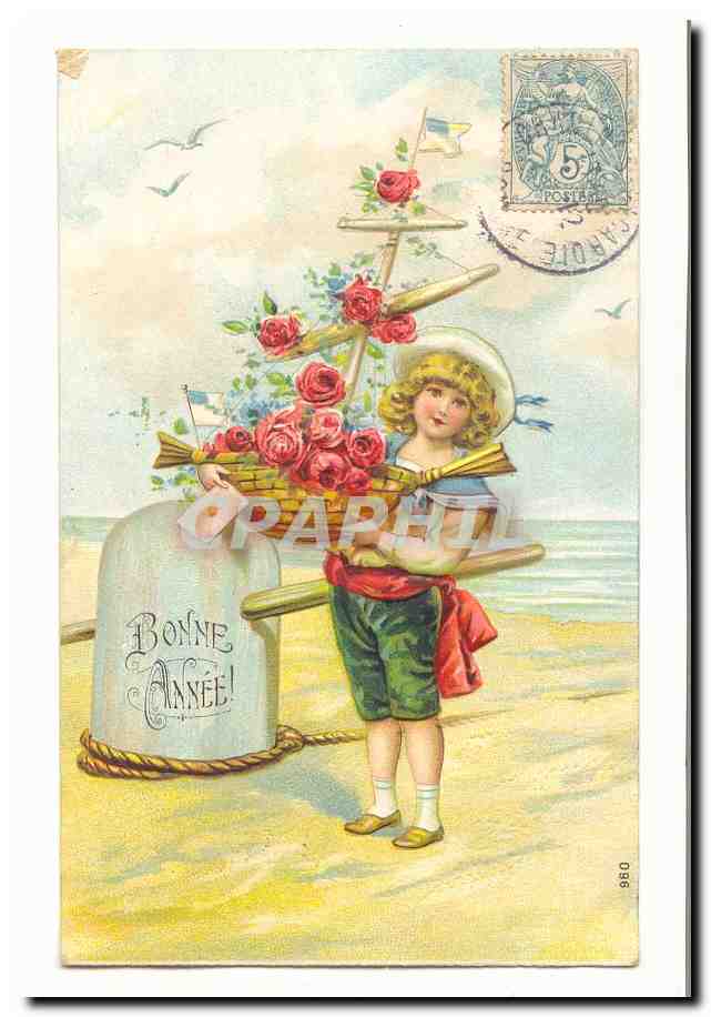 Enfant avec panier de roses — Bonne Année — éditeur Carole, n° 096