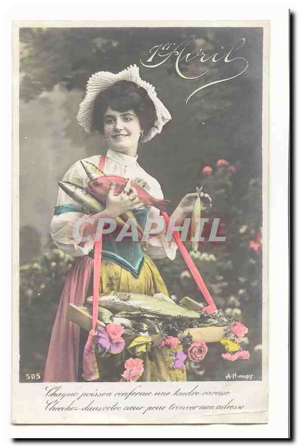 Femme en jardin avec panier de poissons — 1er Avril — A. P. Paris, n° 505