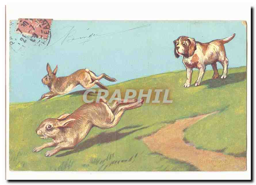 CPA Fantaisie Lapins et chien