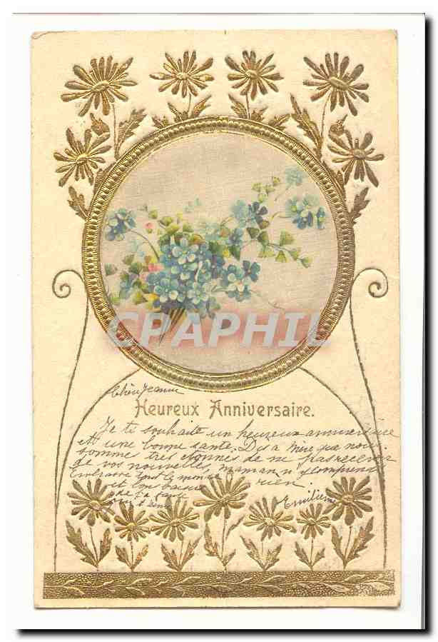 Fleurs bleues dans cadre doré — Carte d'anniversaire — Éditeur inconnu