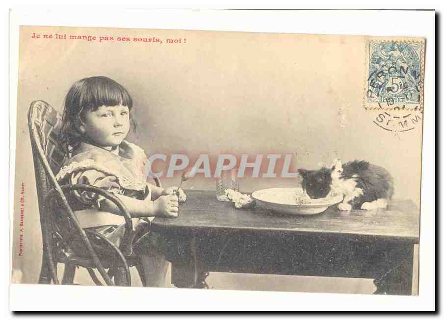CPA Ke ne lui mange pas ses souris moi ! (chat et enfant) fantaisie