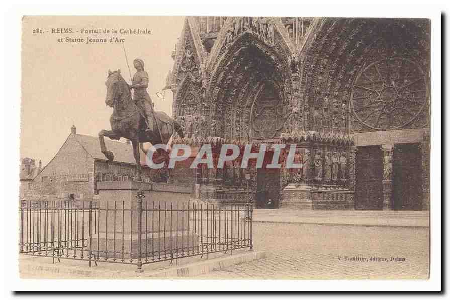 Reims CPA Portail de la cathedrale et statue Jeanne d'arc