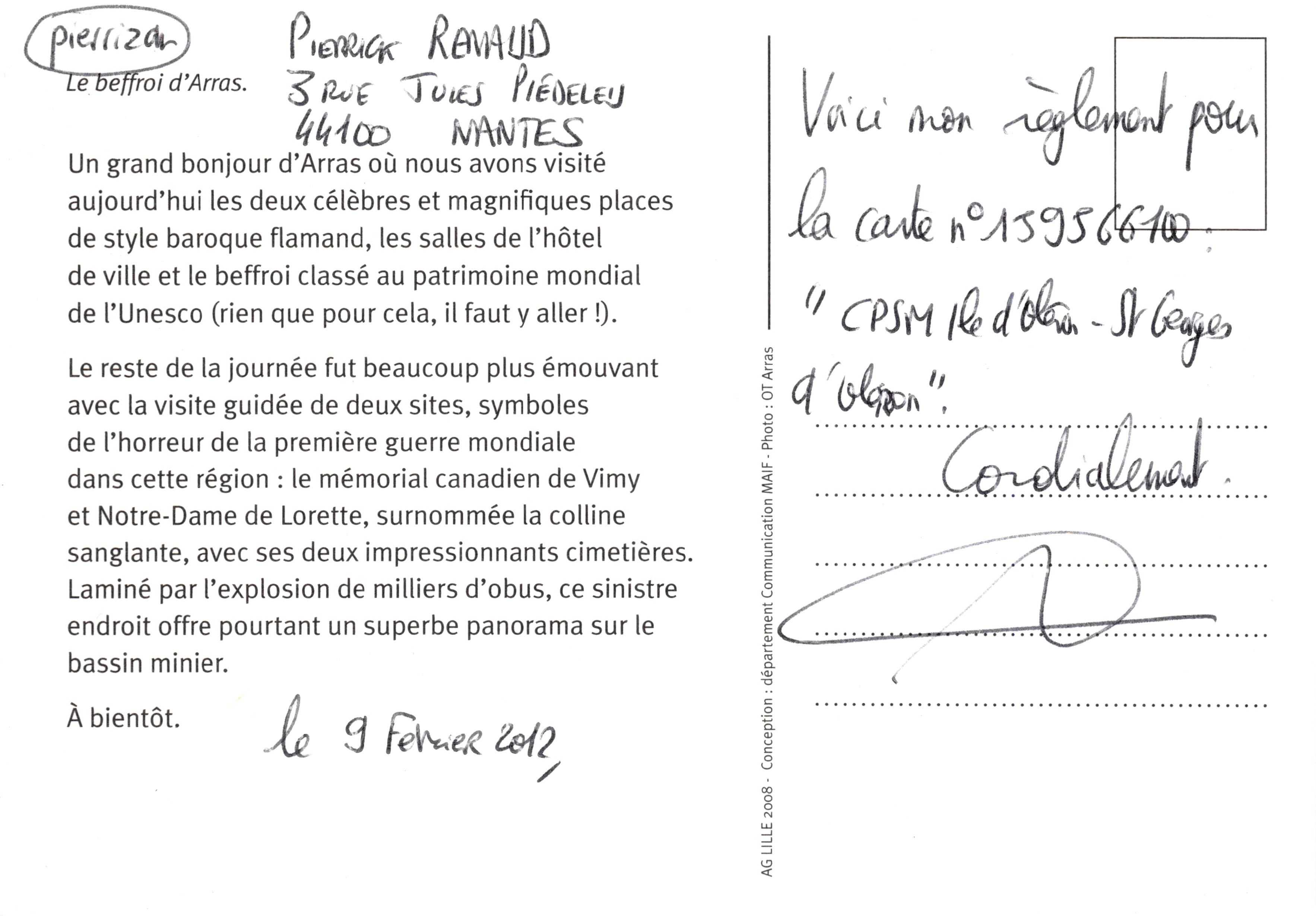 L'Artois, terre de souvenirs et de conflits — Beffroi d'Arras — éditeur AG LILLE 2008, n° de série 13956610 — Verso