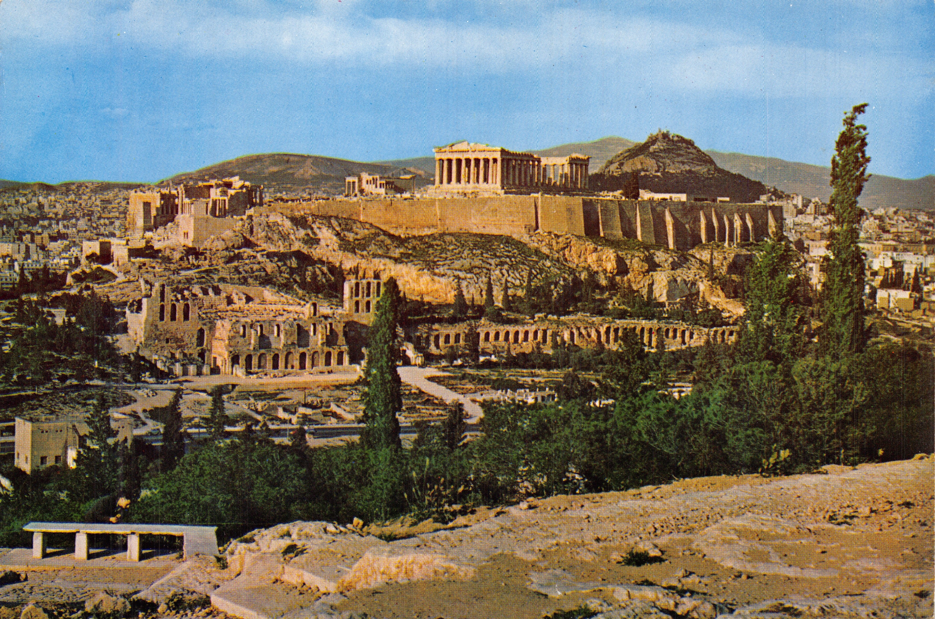 Athene — Blik op de Akropolis — Uitgever Tselentis Color Productions
