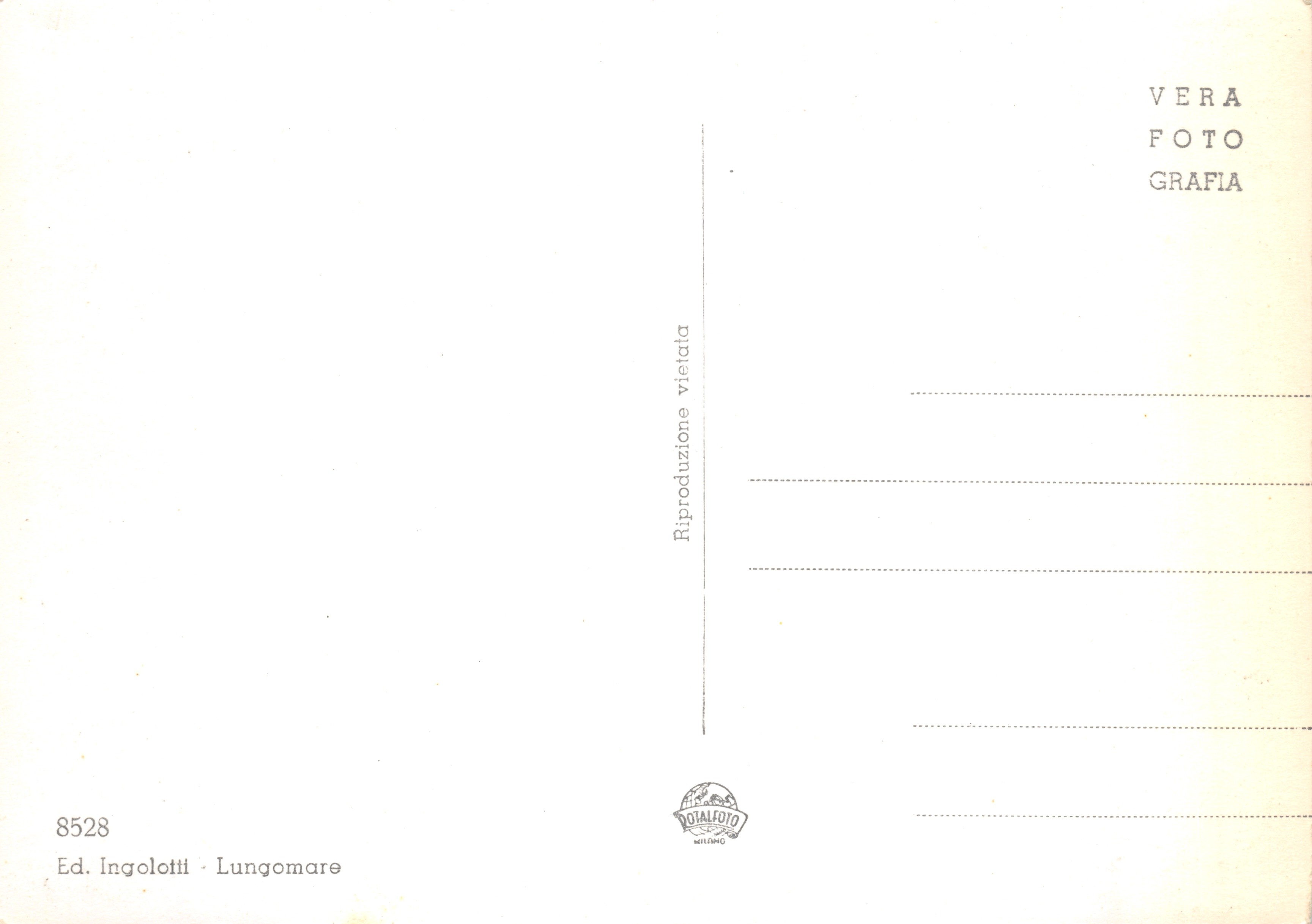 Panorama de Sogno — vue sur un édifice au bord d'un lac, entouré de montagnes boisées — Ed. Ingolotti, n° 8528 — Rückseite