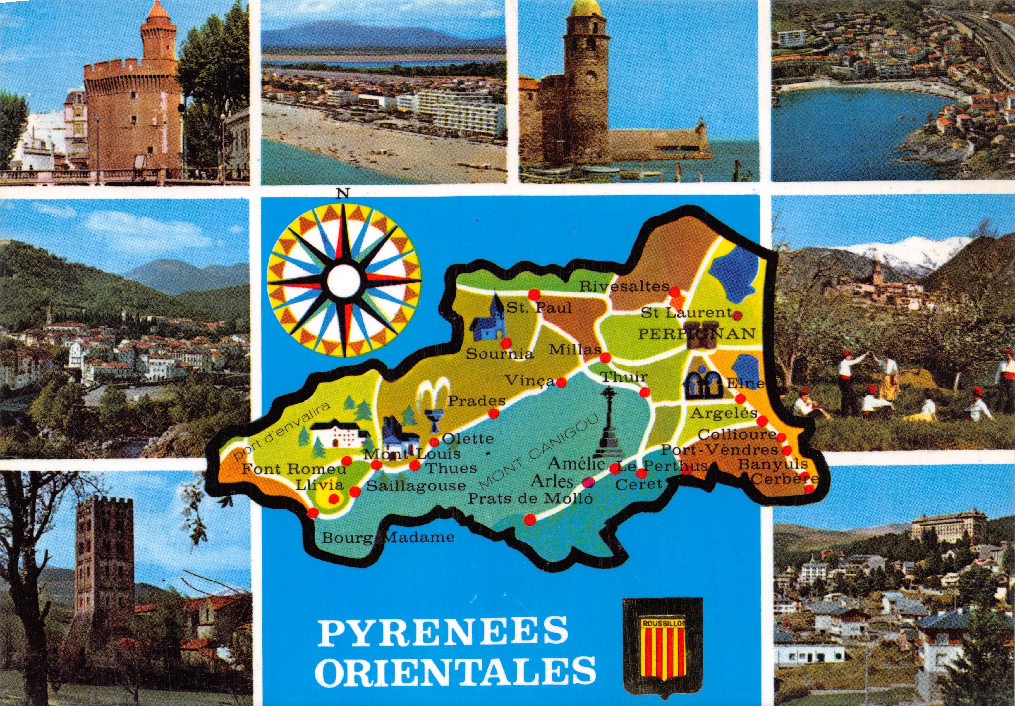 Pyrénées Orientales — Carte postale panoramique avec carte et sites touristiques