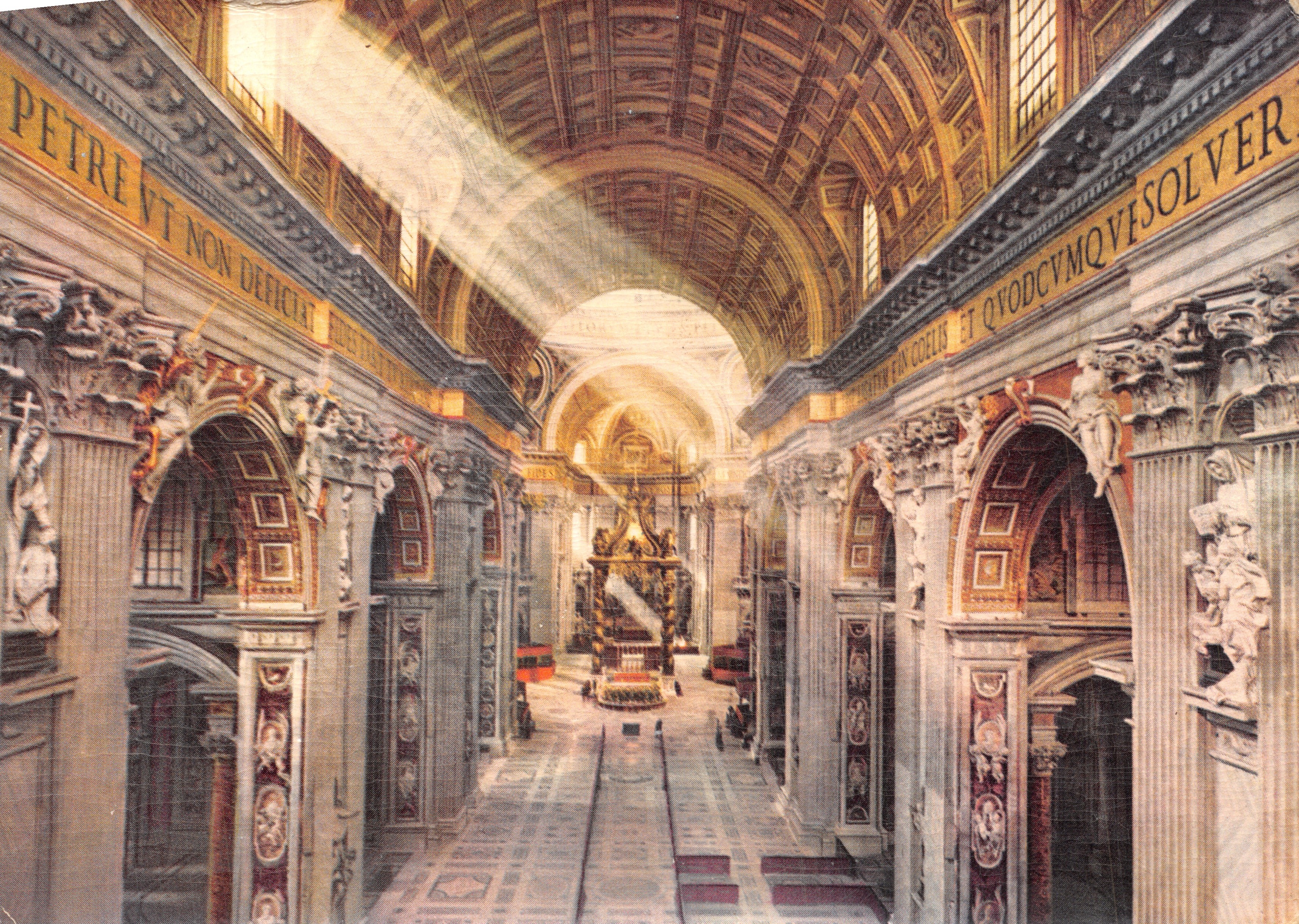 Inwendige weergave van de Basiliek van Sint-Pieter — uitzicht op het koor en versierde zuilen — Royalcolor, N° 17