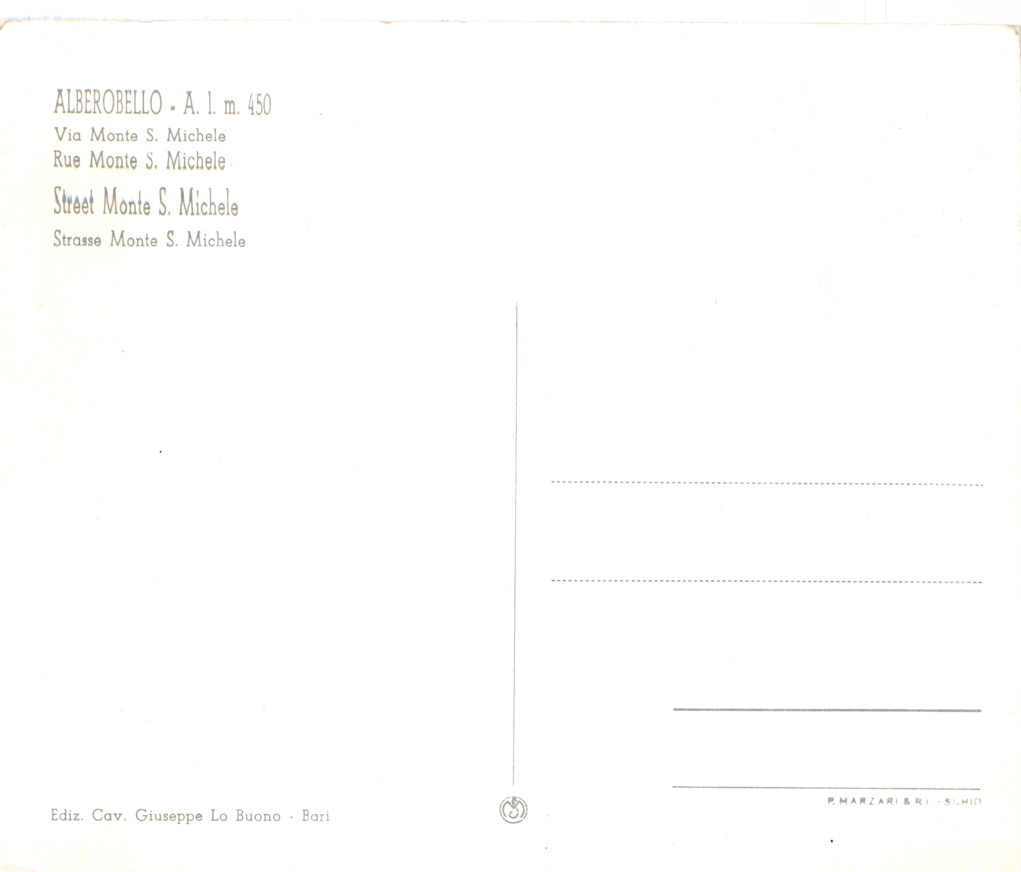 Alberobello — rue Monte S. Michele — éditeur P. Marzari - Bari, n° de série 19 — Achterkant