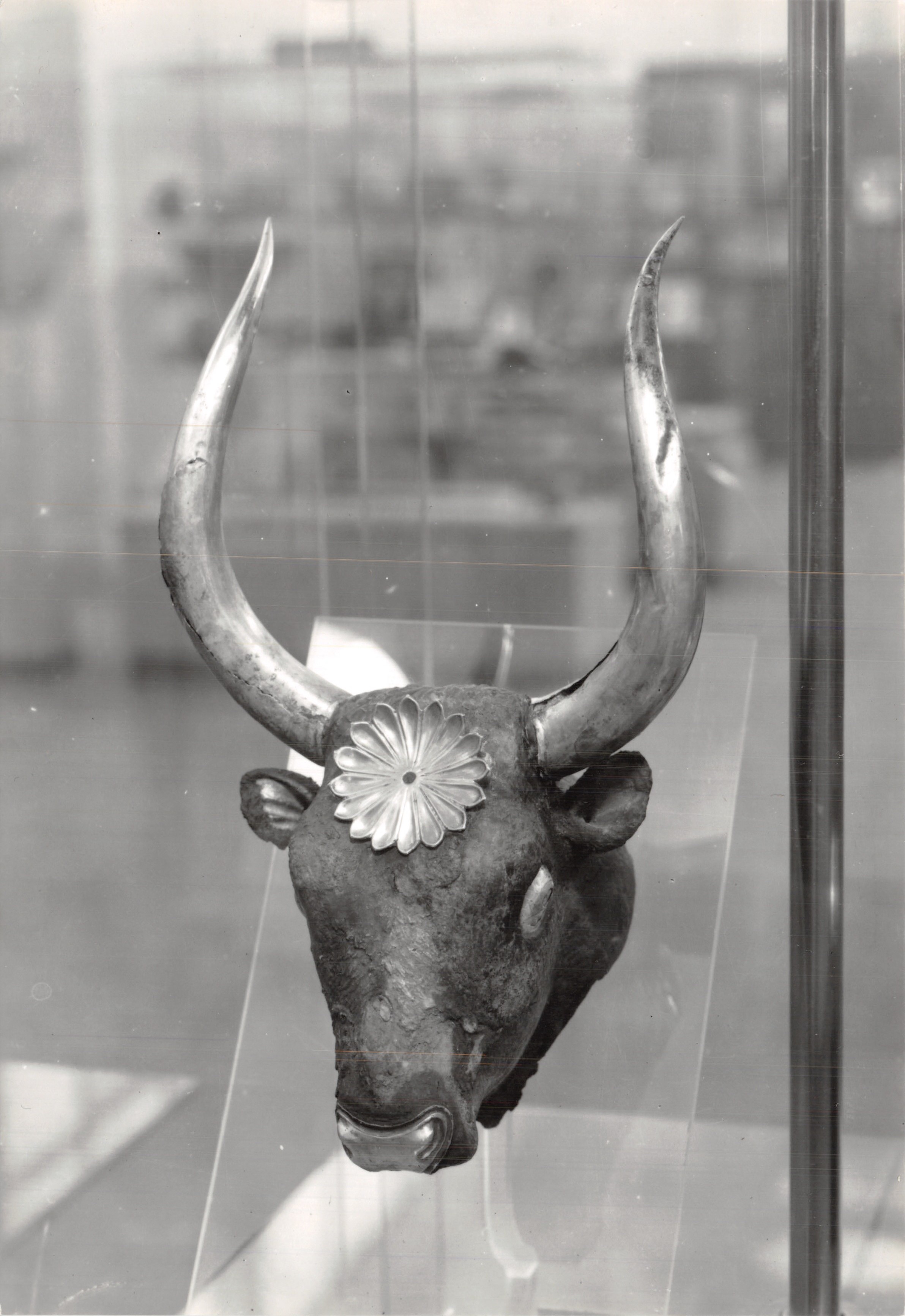 Testa di toro di Micene — scultura in bronzo con corna e decorazione floreale — Museo Nazionale di Atene