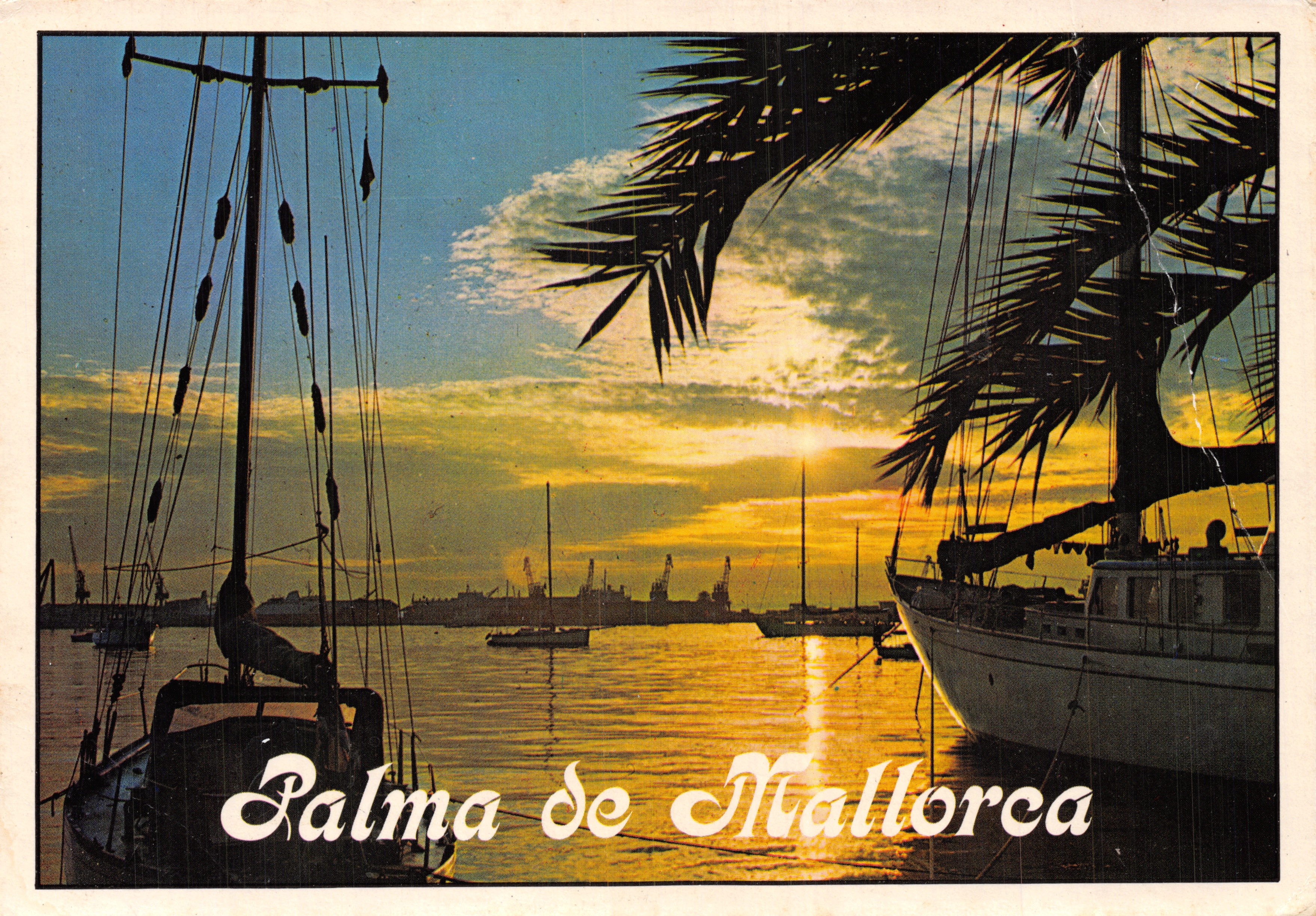 Palma de Mallorca — coucher de soleil sur le port avec voiliers et palmiers — éditeur COFIBA, n° 281