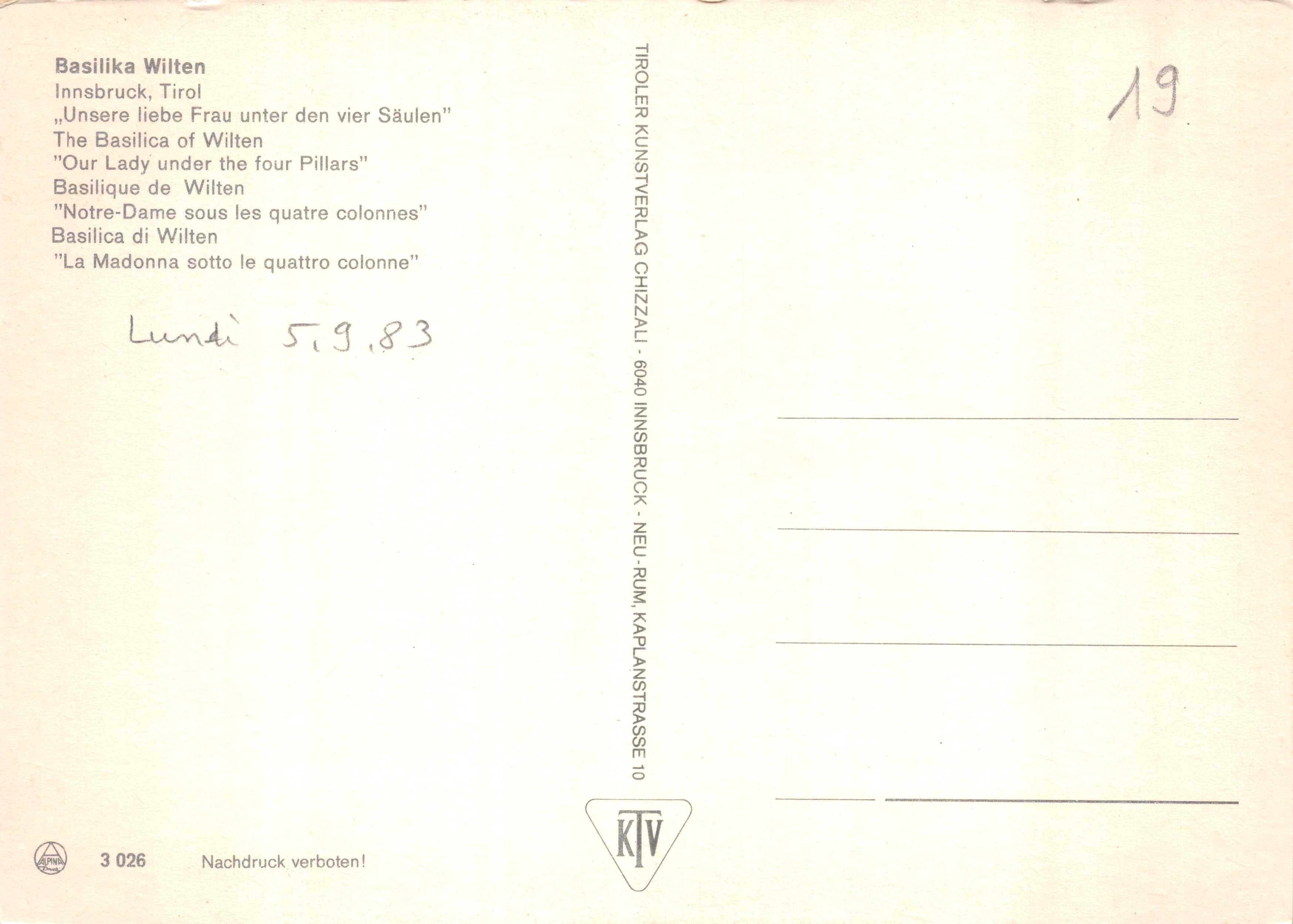 Basilique de Wilten — Intérieur baroque orné — Tirolien Kunstverlag Chizzi, n° 3 026 — Verso
