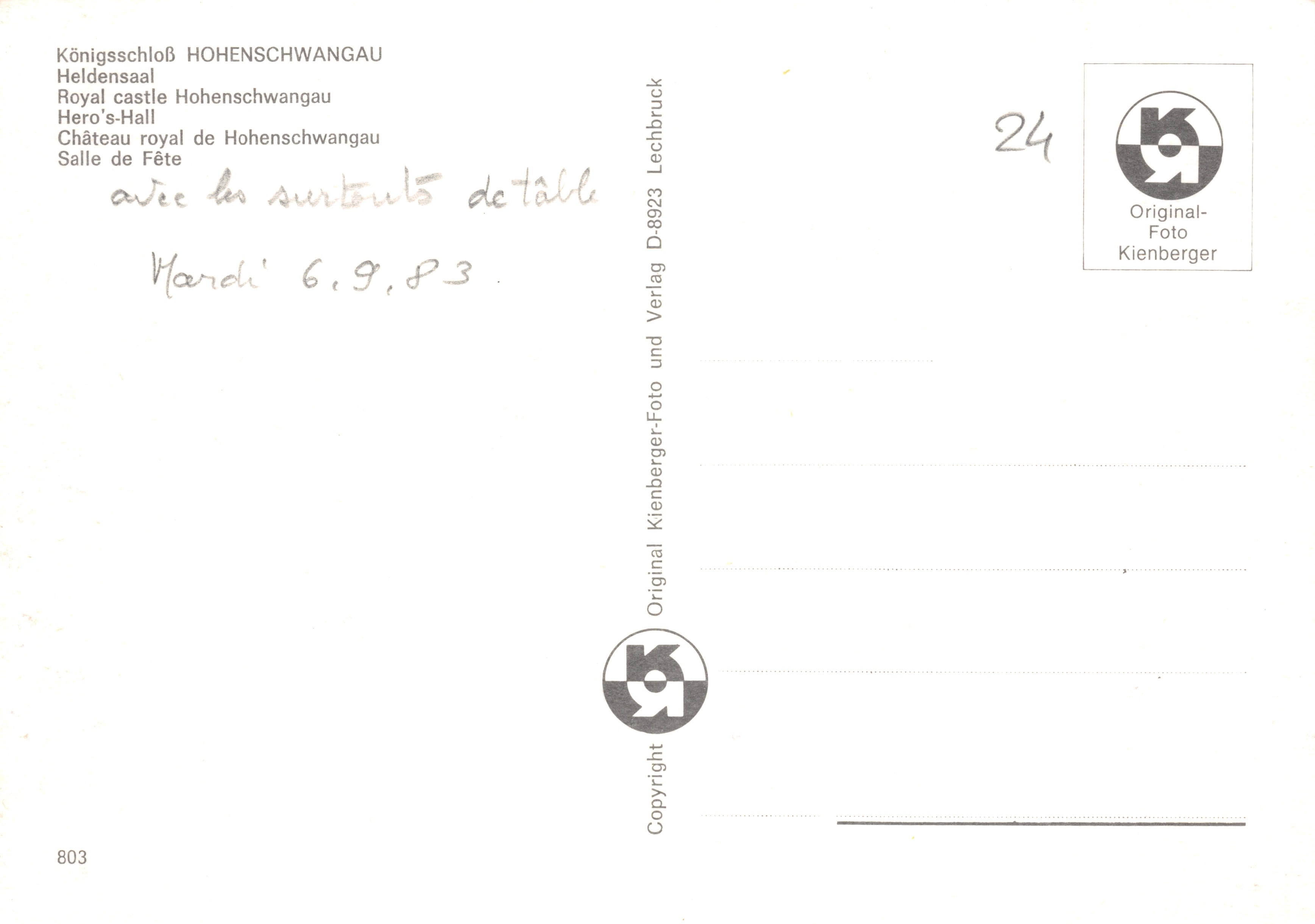 Heldensaal — salle de fête du château royal de Hohenschwangau — éditeur Kienberger, n° 24 — Verso