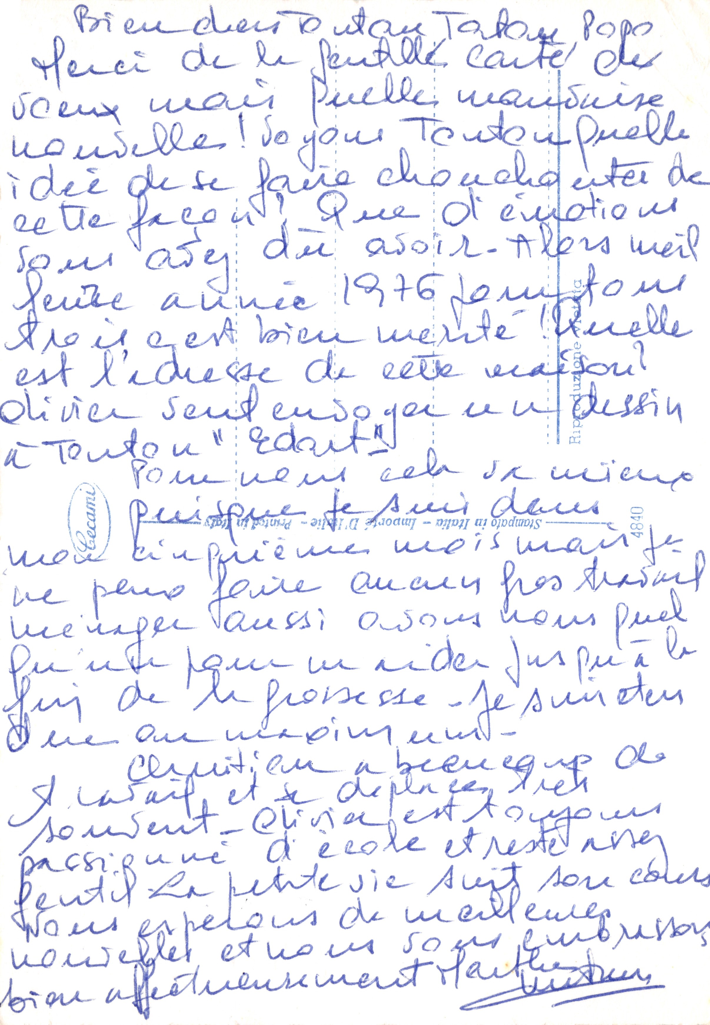 Village alpin enneigé — chalets et sentier dans les Alpes — éditeur 'Riproduzione in Italia - Imp. D'Ville - Printed in Italy' et n° 4840 — Rückseite