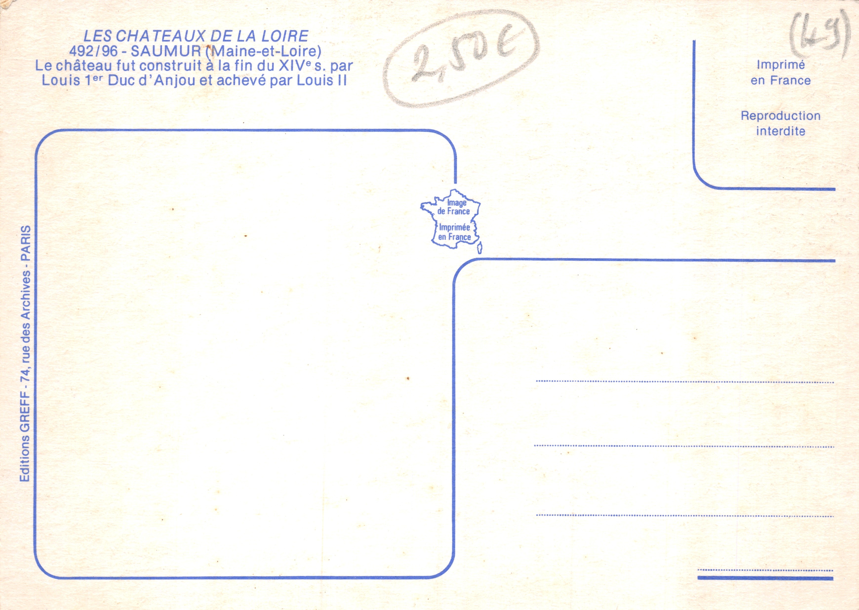 Château de Saumur — vue panoramique — Éditions GREFF, Paris, n° 492/96 — Reverso