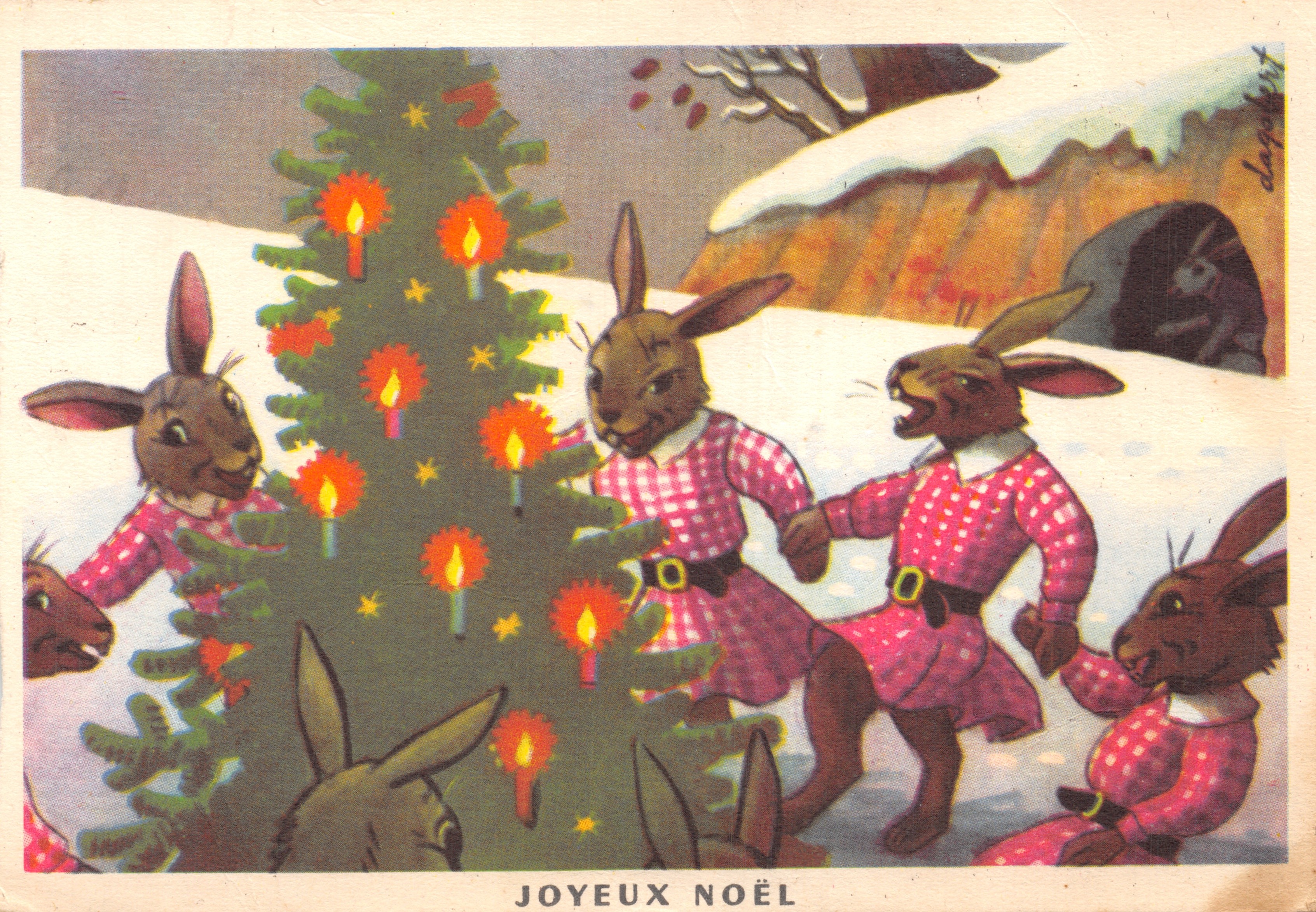 Kabouters rondom een kerstboom — JOYEUX NOËL — Imprimerie ARMORICAINES, NANTES