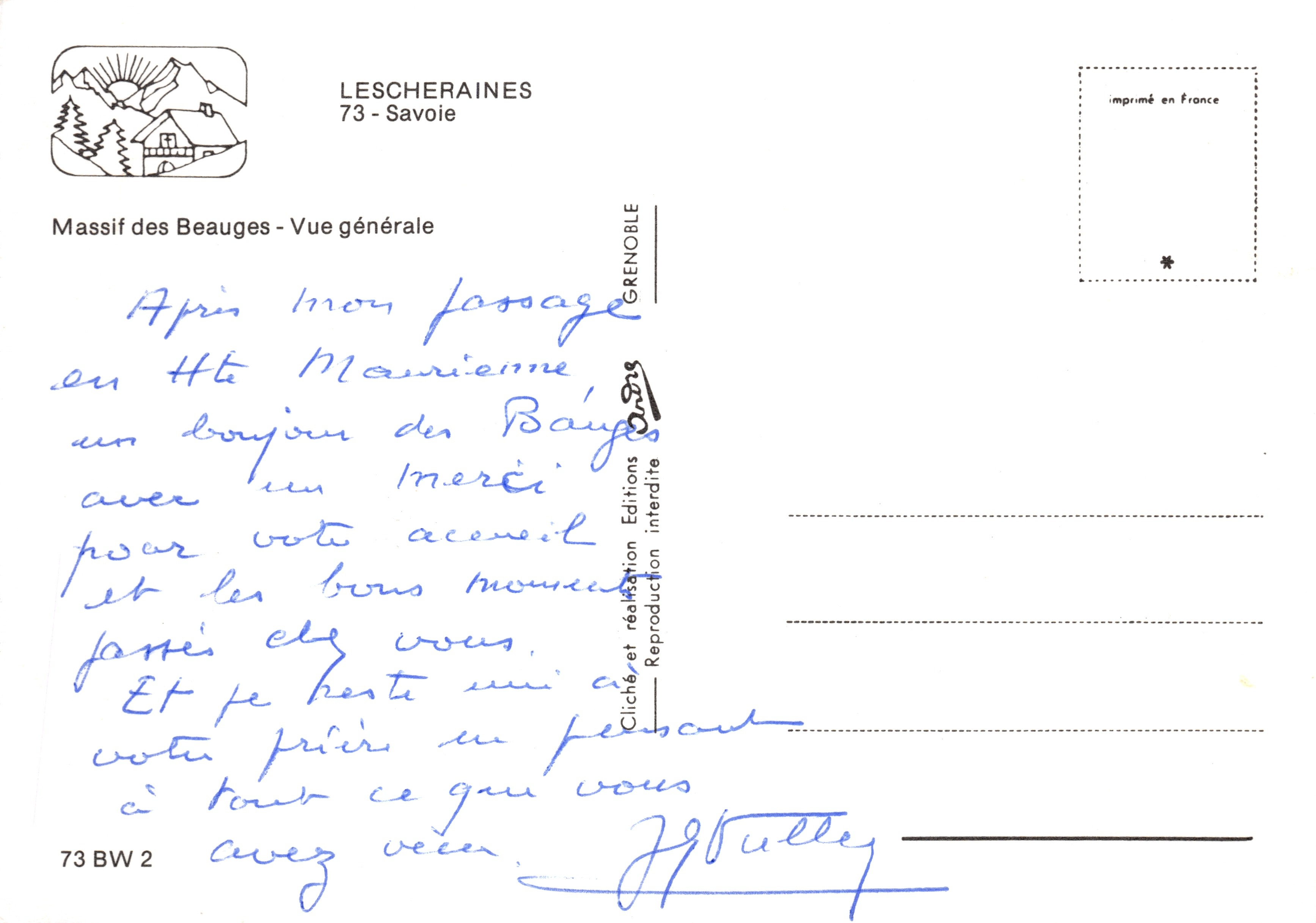 Lescheraines — vue générale du massif des Beauges — éditeur Grenoble, n° 73 BW 2 — Back