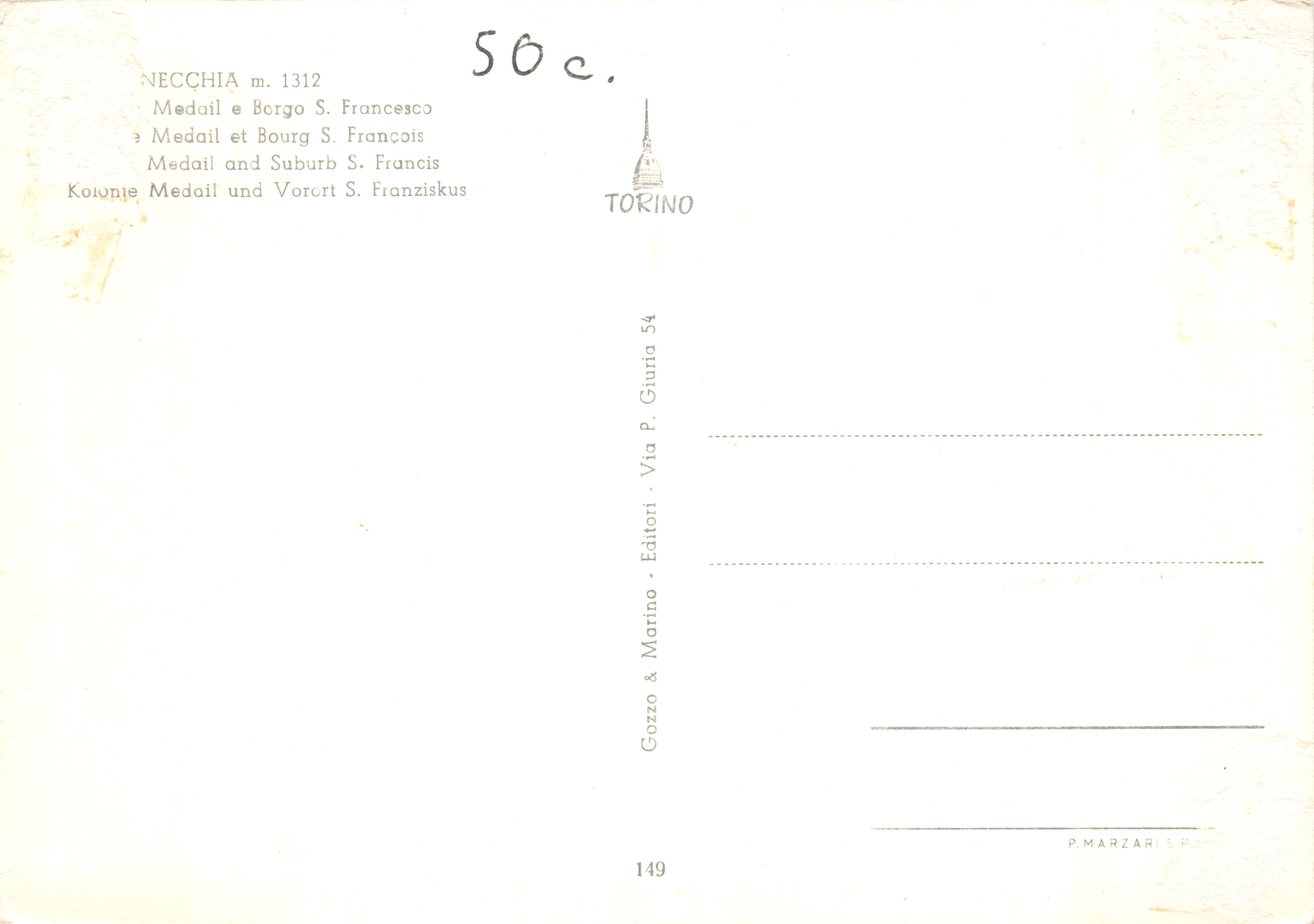 Necchia m. 1312 — vue panoramique du village et de la vallée — éditeur Gozzo & Marino, Torino — Rückseite
