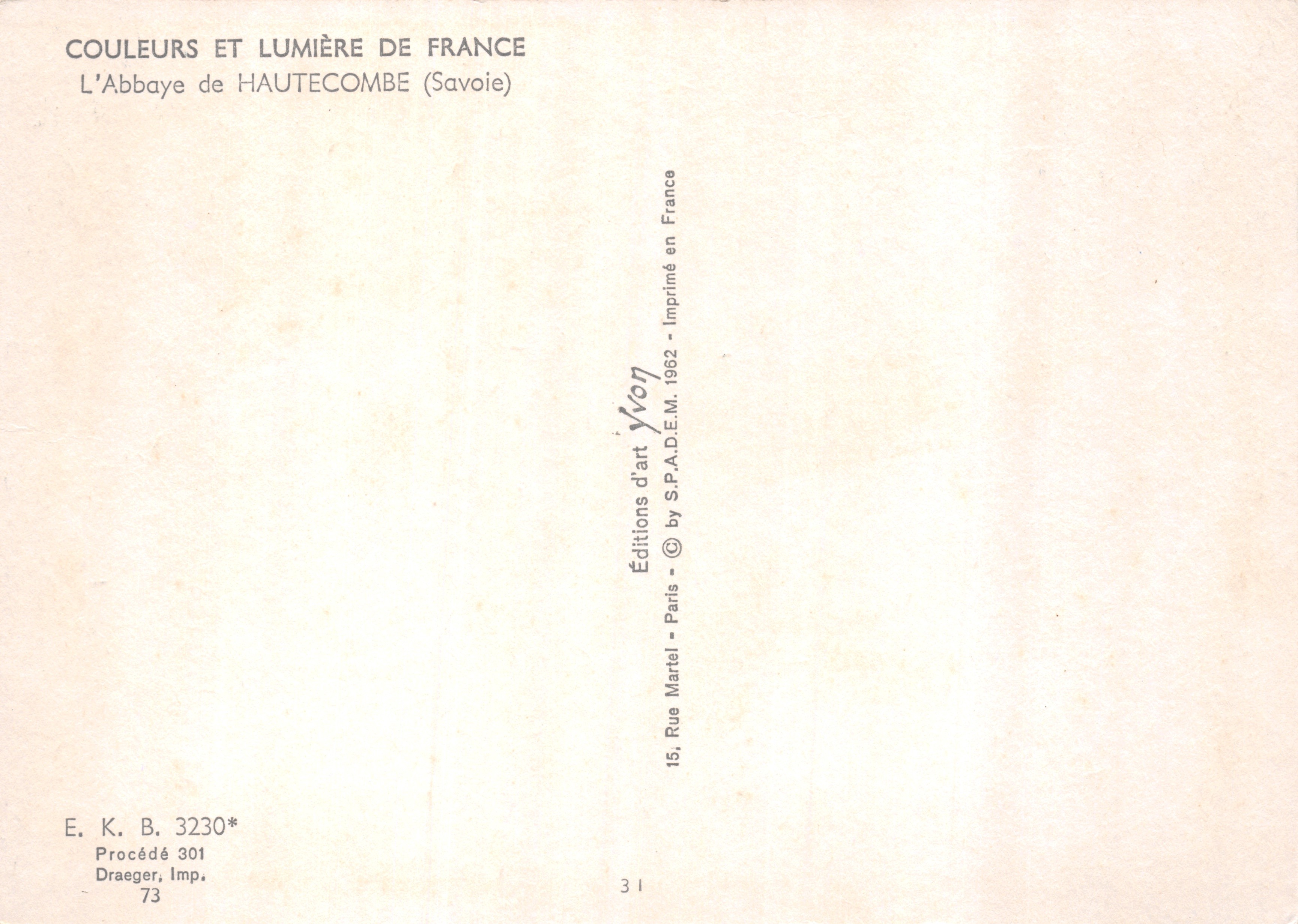 Abbaye de Haute-Côme — vue d'ensemble avec jardin et lac — Éditions Yvon — Verso