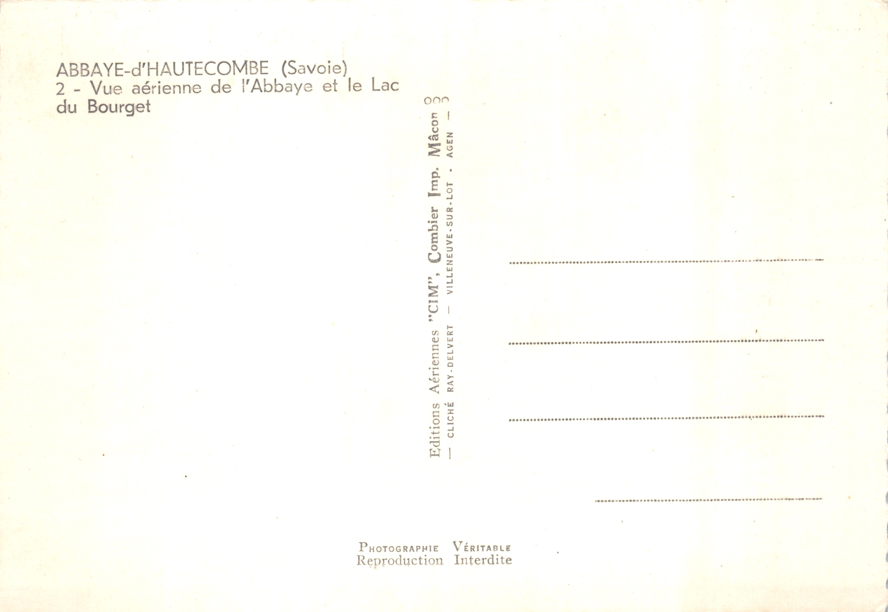 Abbaye d'Hautecombe — Vue aérienne de l'abbaye et du lac du Bourget — Éditions CIM — Verso