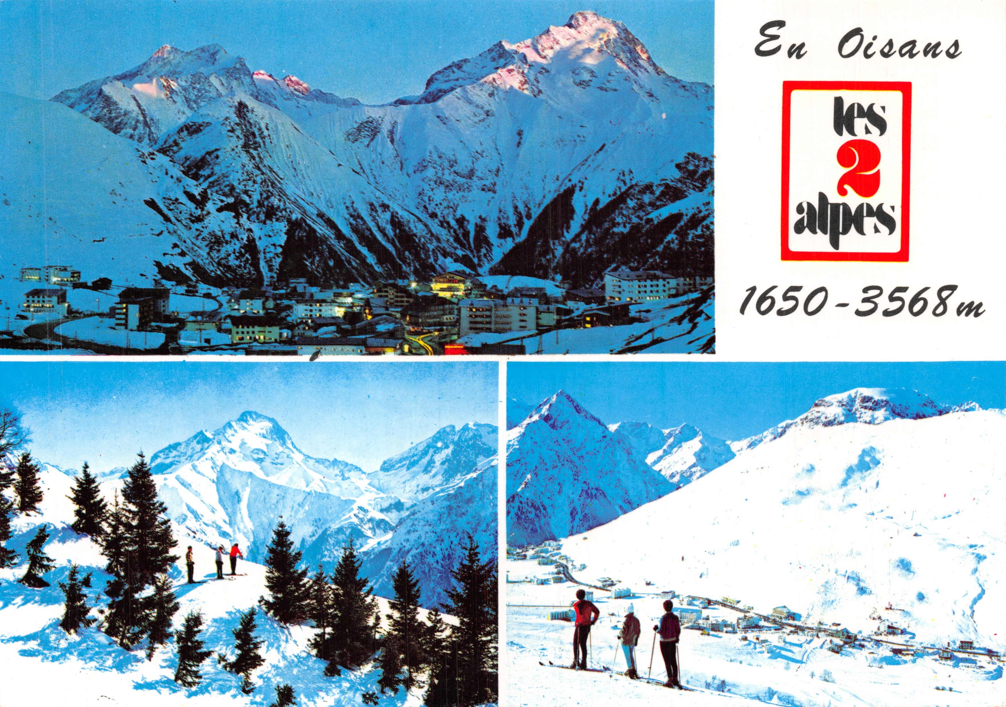 En Oisans — vue panoramique et skieurs — les 2 alpes, 1650-3568m