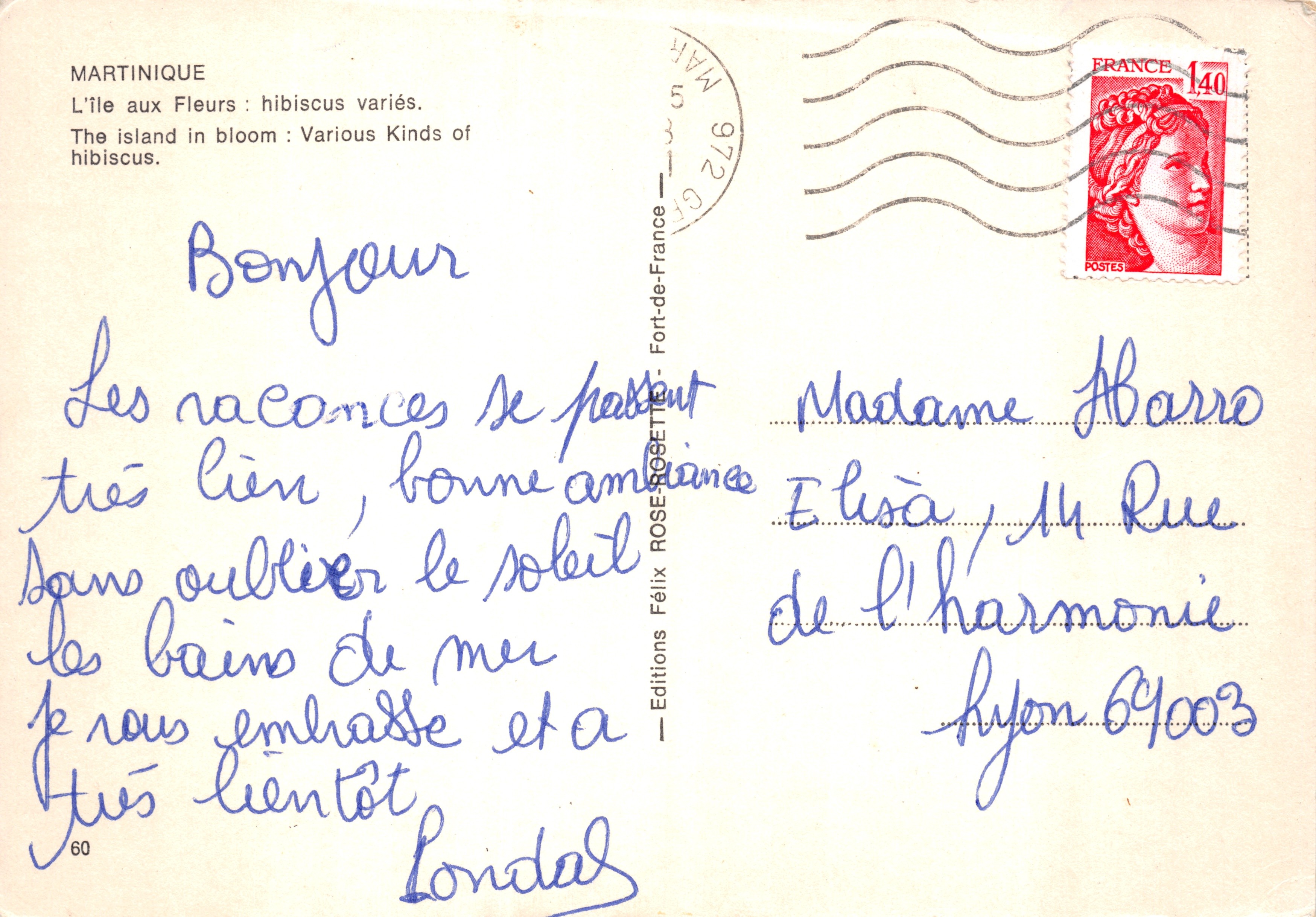 Martinique — bouquet de hibiscus variés — Éditions Félix ROSESETTE — Rückseite