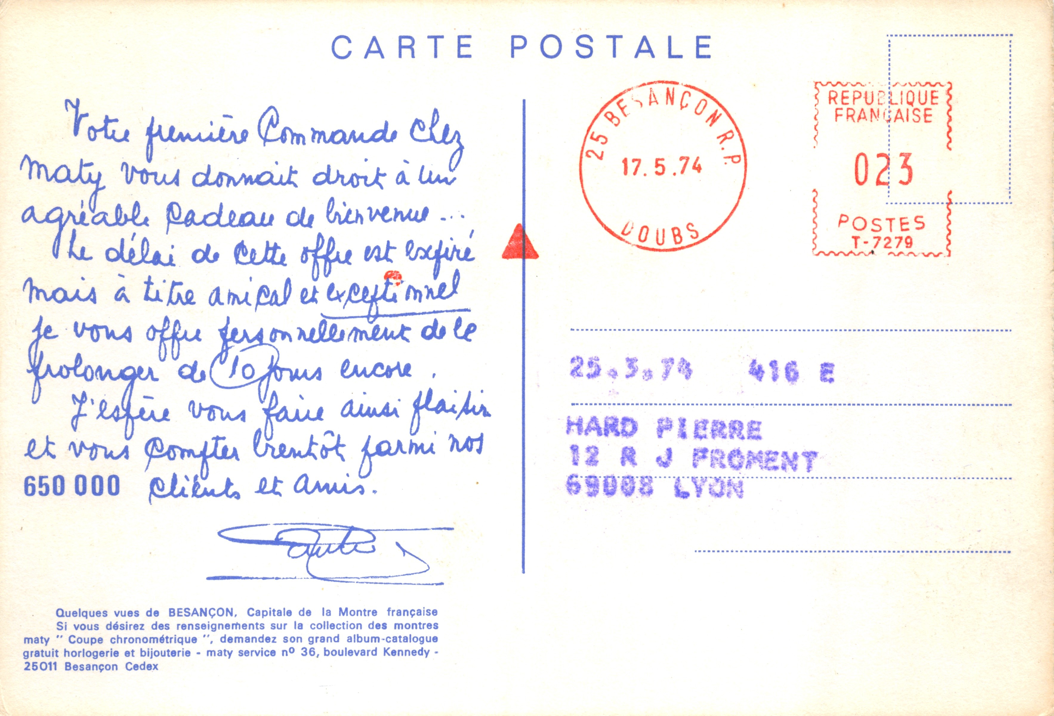 Besançon — Capitale de la Montre Française — éditeur Maty, n° 416 E — Back